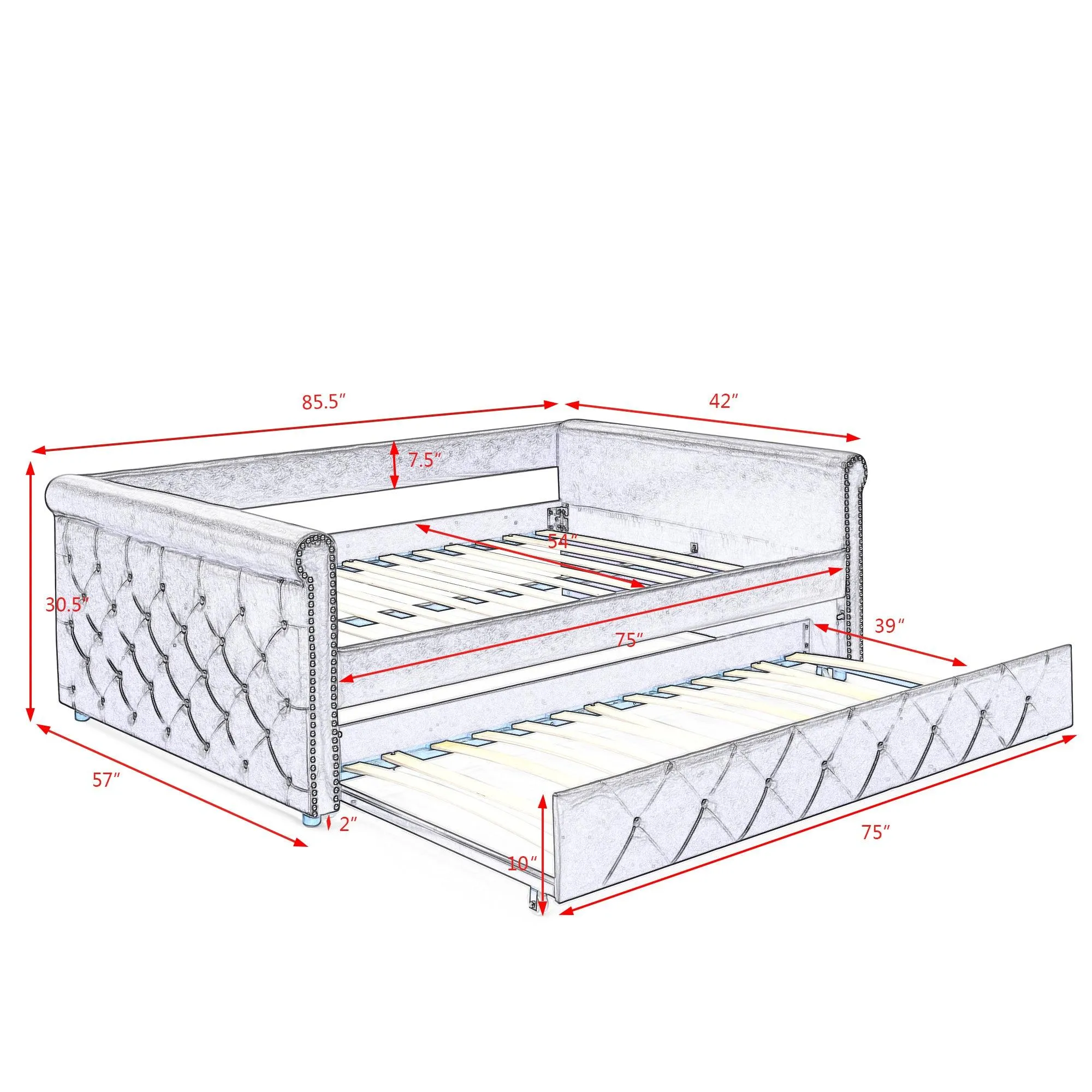 85.5“x57”x30.5“ Daybed with Trundle Upholstered Tufted Sofa Bed, with Button and Copper Nail on Arms, Full Daybed & Twin Trundle, Grey