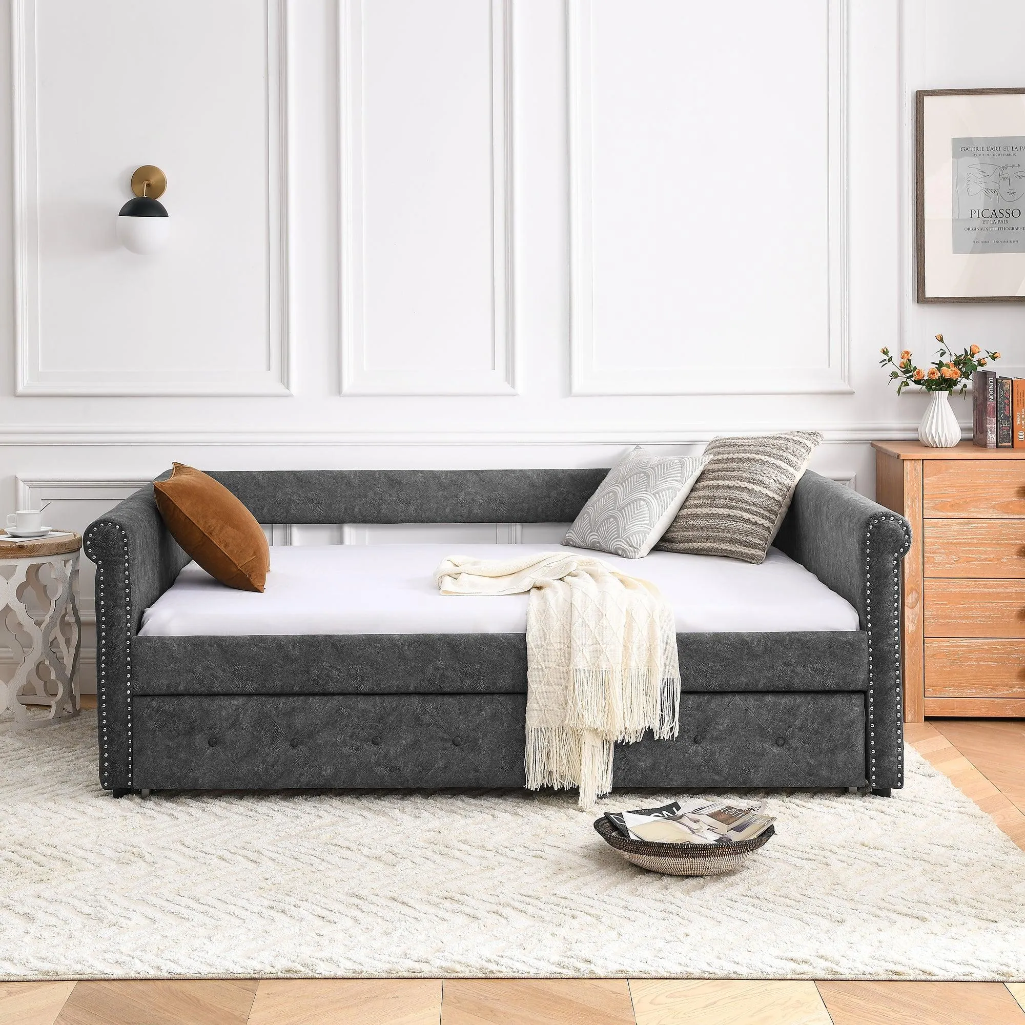 85.5“x57”x30.5“ Daybed with Trundle Upholstered Tufted Sofa Bed, with Button and Copper Nail on Arms, Full Daybed & Twin Trundle, Grey