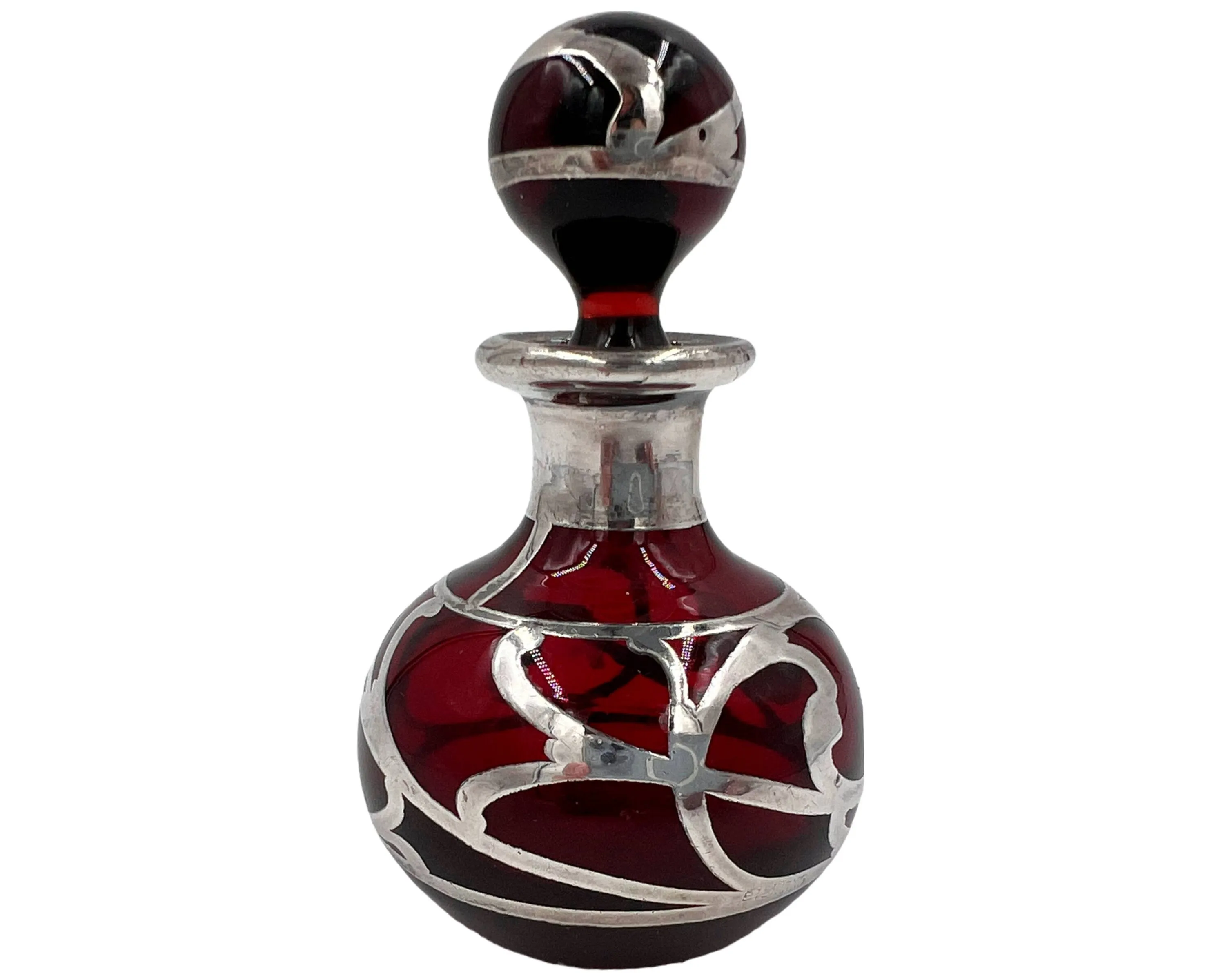 American Art Nouveau Perfume Bottle Steuben Red Glass w Sterling Silver Overlay Alvin Mfg