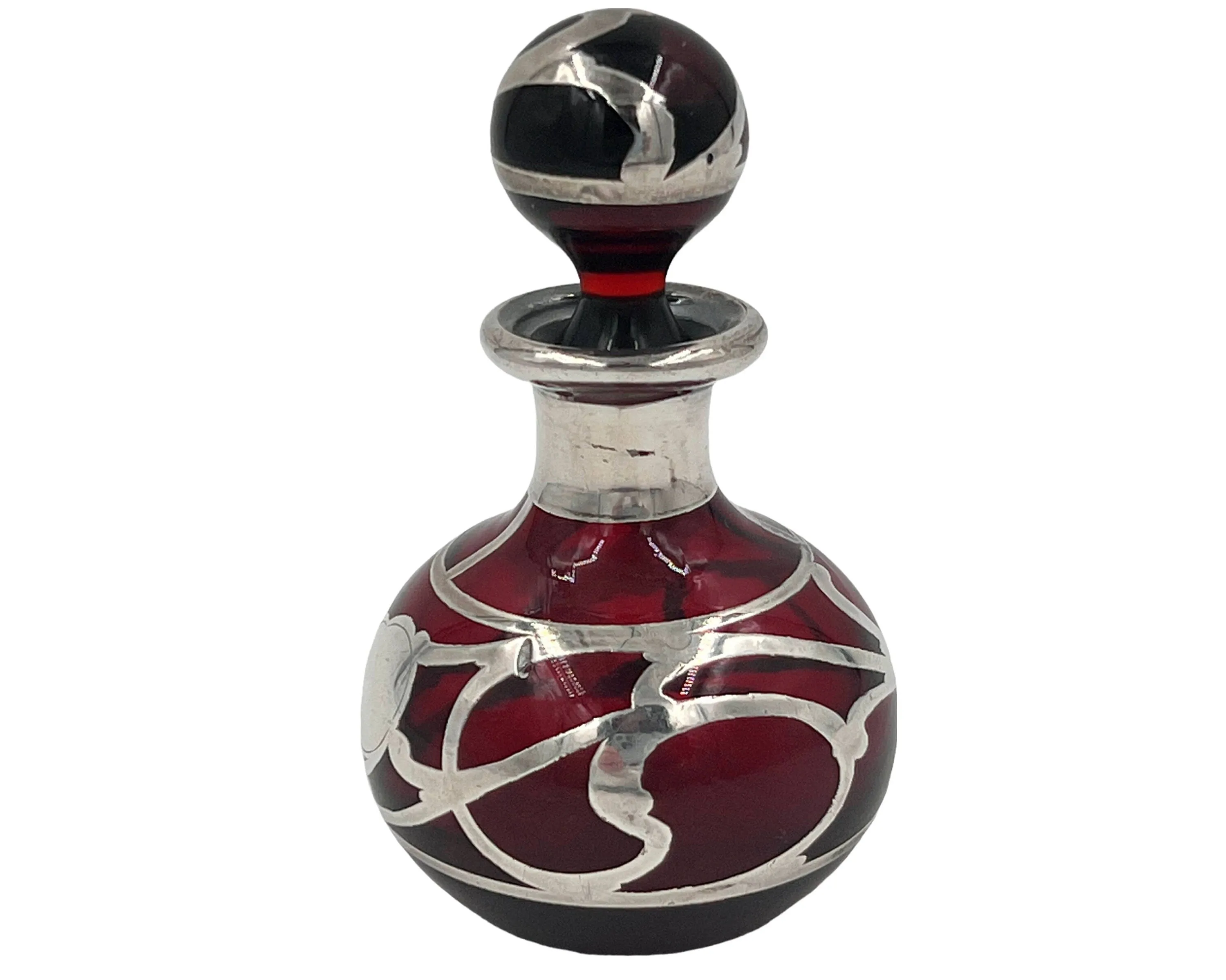 American Art Nouveau Perfume Bottle Steuben Red Glass w Sterling Silver Overlay Alvin Mfg