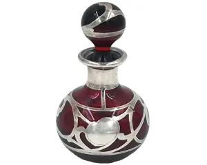 American Art Nouveau Perfume Bottle Steuben Red Glass w Sterling Silver Overlay Alvin Mfg