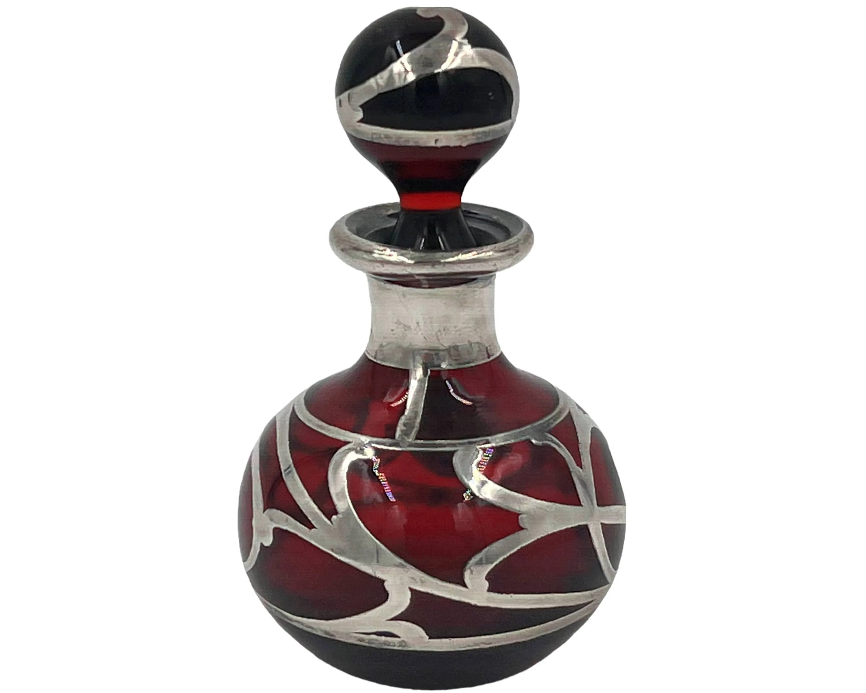 American Art Nouveau Perfume Bottle Steuben Red Glass w Sterling Silver Overlay Alvin Mfg