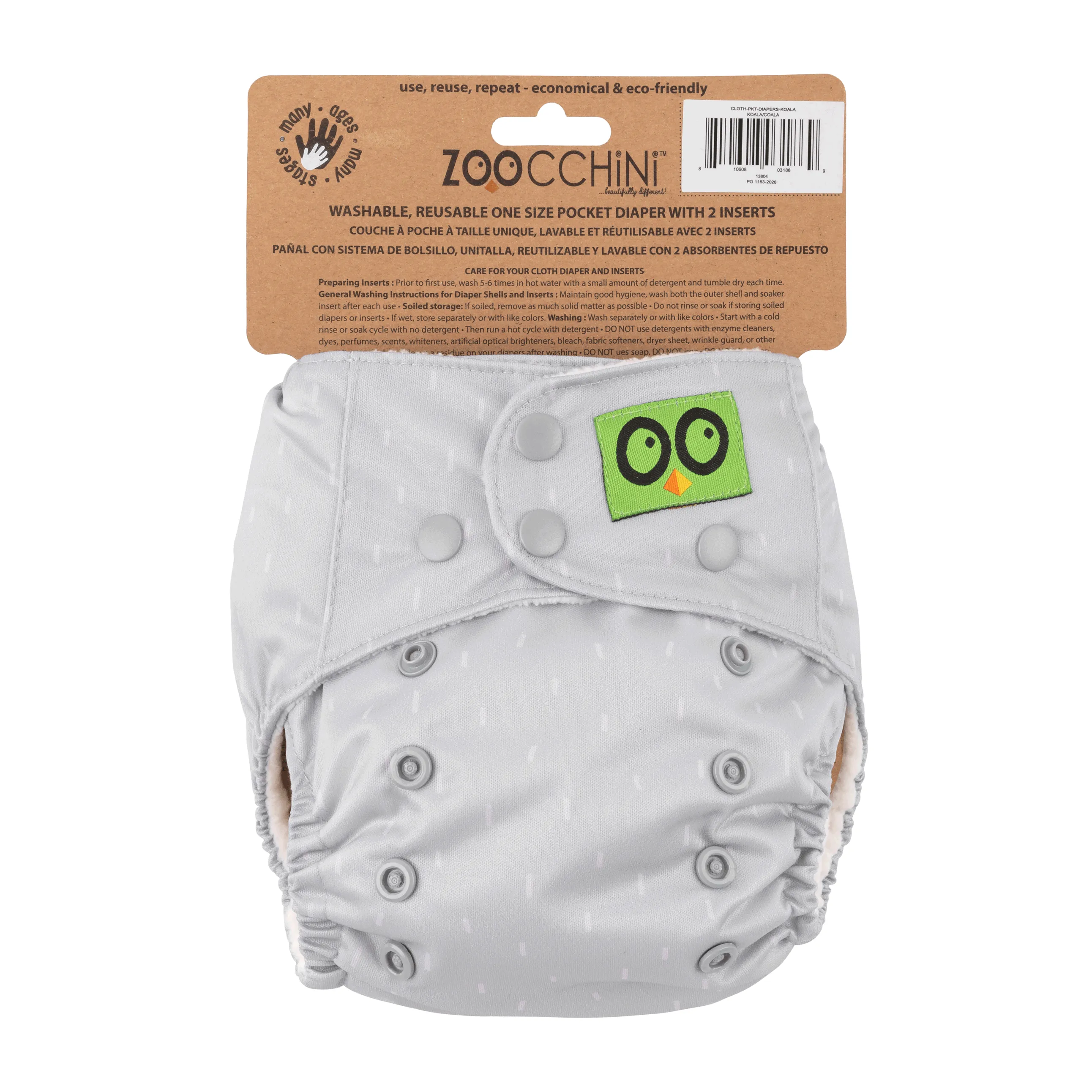 Baby/Toddler Reusable Cloth Pocket Diaper ( 2 Inserts) - Kai the Koala