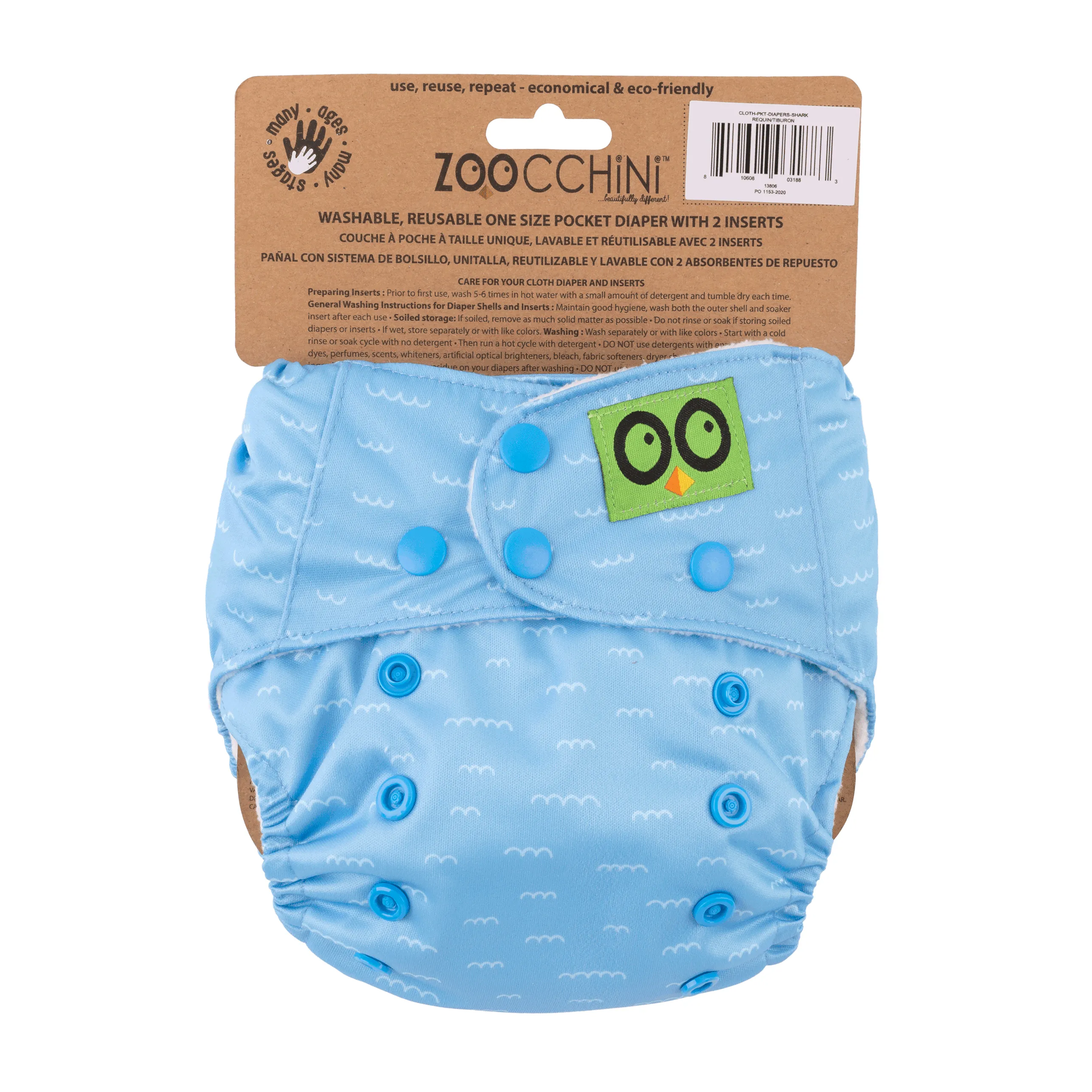 Baby/Toddler Reusable Cloth Pocket Diaper ( 2 Inserts) - Sherman the Shark