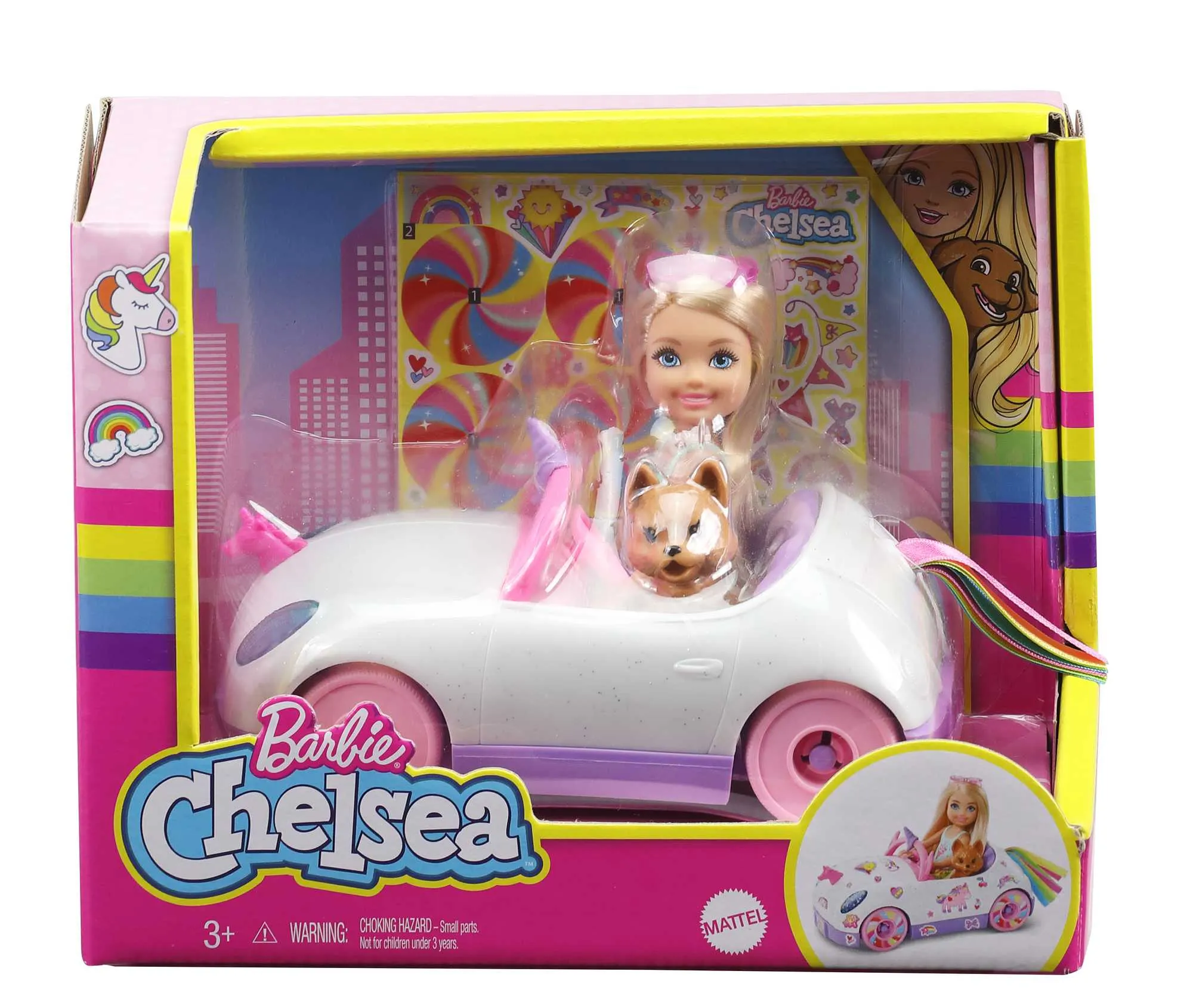 Barbie Club Chelsea Doll (6-Inch Blonde) With Open-Top Unicorn Car & Sticker Sheet