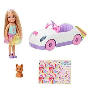 Barbie Club Chelsea Doll (6-Inch Blonde) With Open-Top Unicorn Car & Sticker Sheet