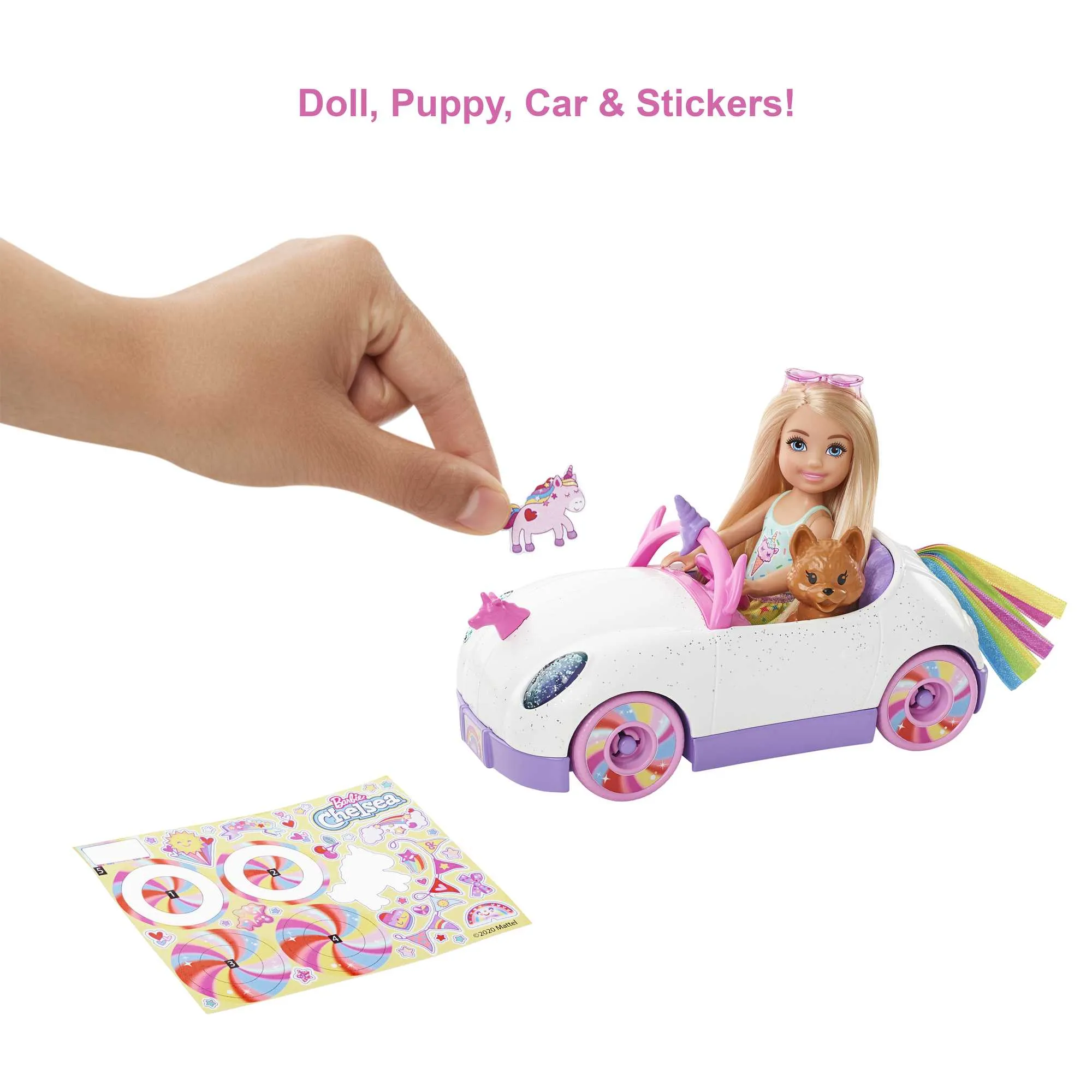 Barbie Club Chelsea Doll (6-Inch Blonde) With Open-Top Unicorn Car & Sticker Sheet