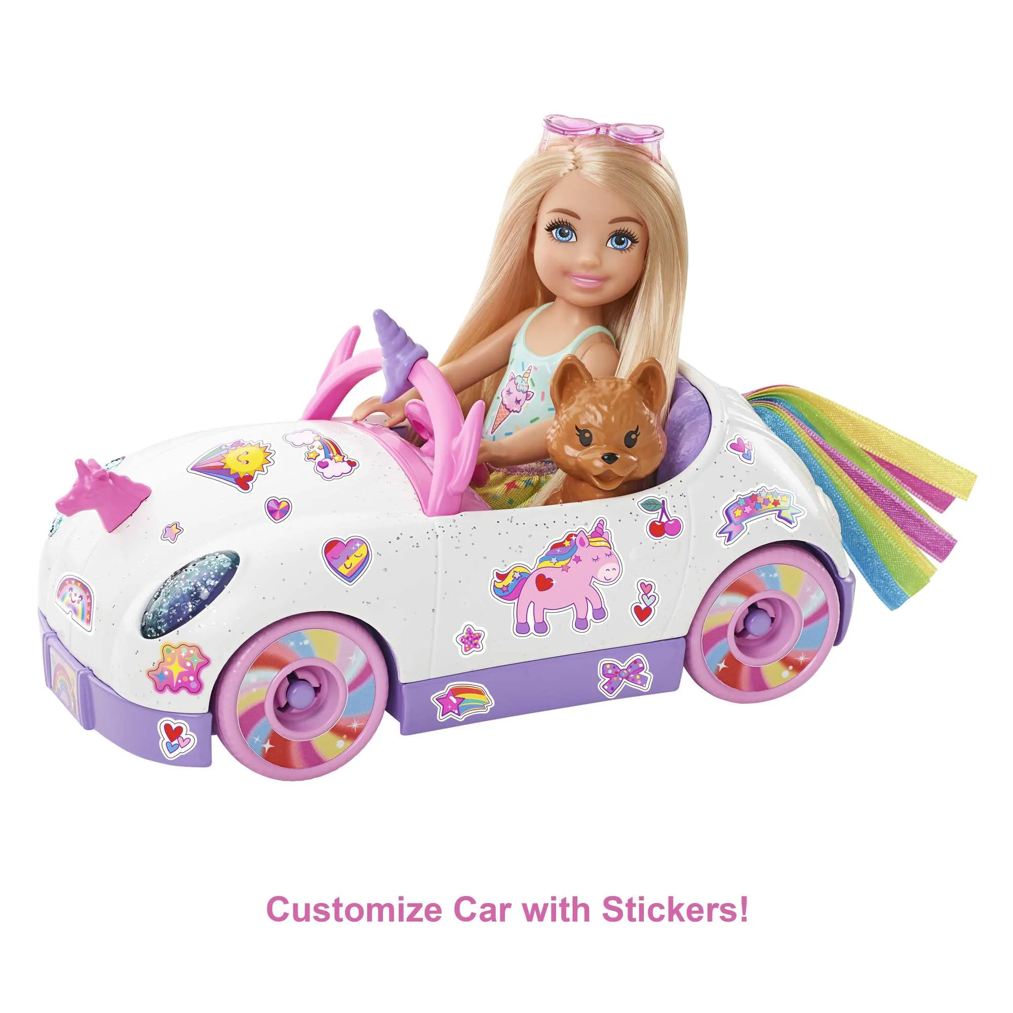 Barbie Club Chelsea Doll (6-Inch Blonde) With Open-Top Unicorn Car & Sticker Sheet