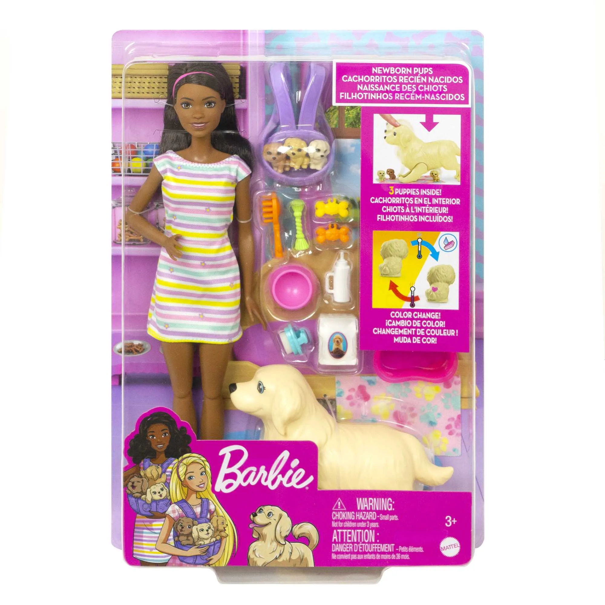 Barbie Doll Newborn Pups Playset With Brunette Doll, Mommy Dog, 3 Puppies, Kids Toys