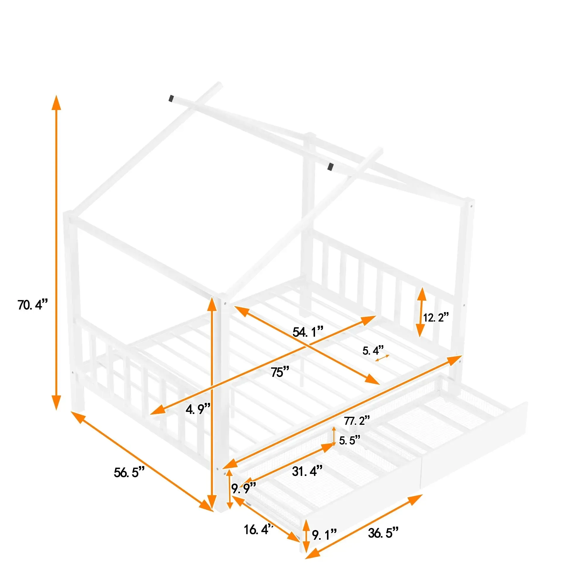 Bellemave® Full Size Metal House Bed with Two Drawers,Headboard and Footboard,Roof Design