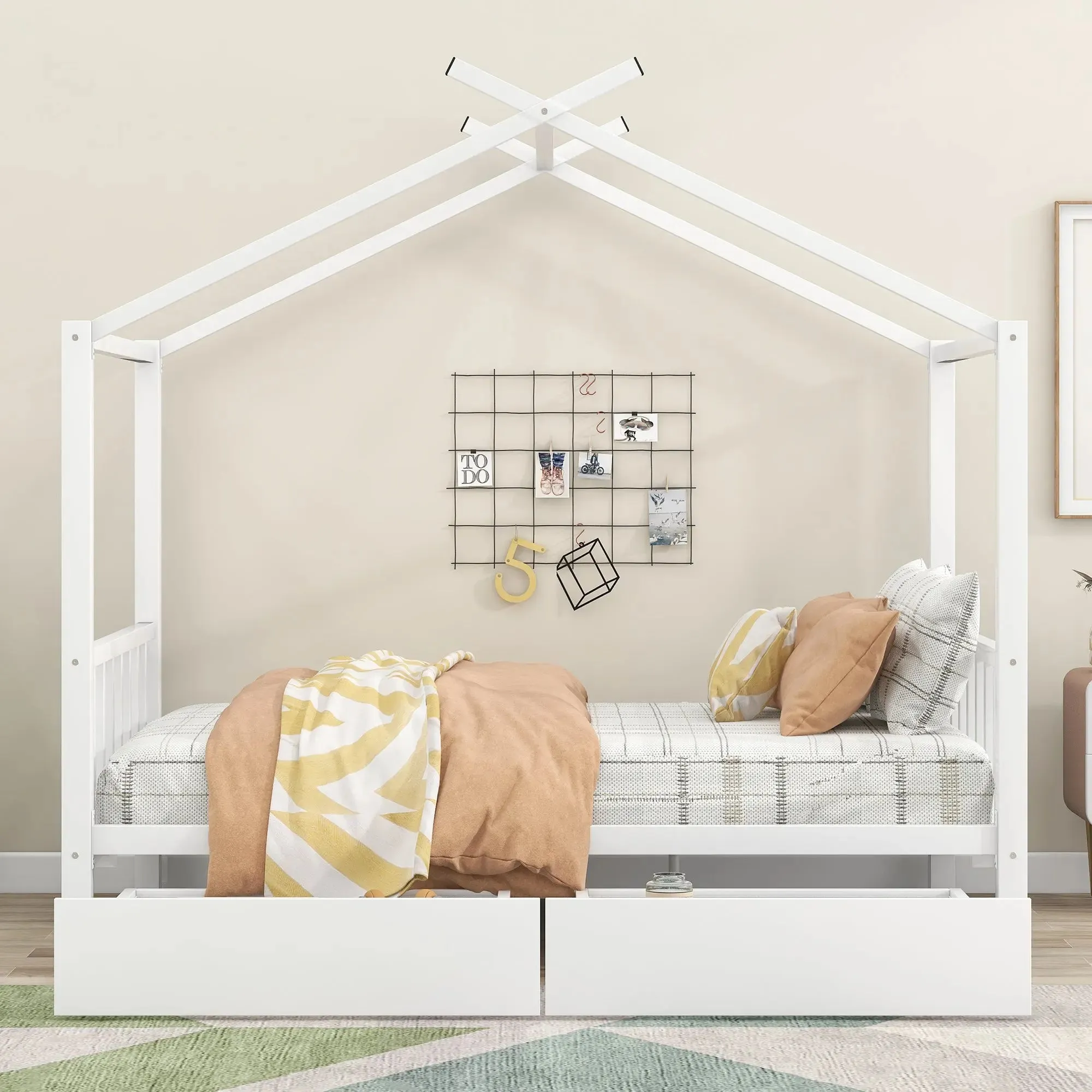 Bellemave® Full Size Metal House Bed with Two Drawers,Headboard and Footboard,Roof Design