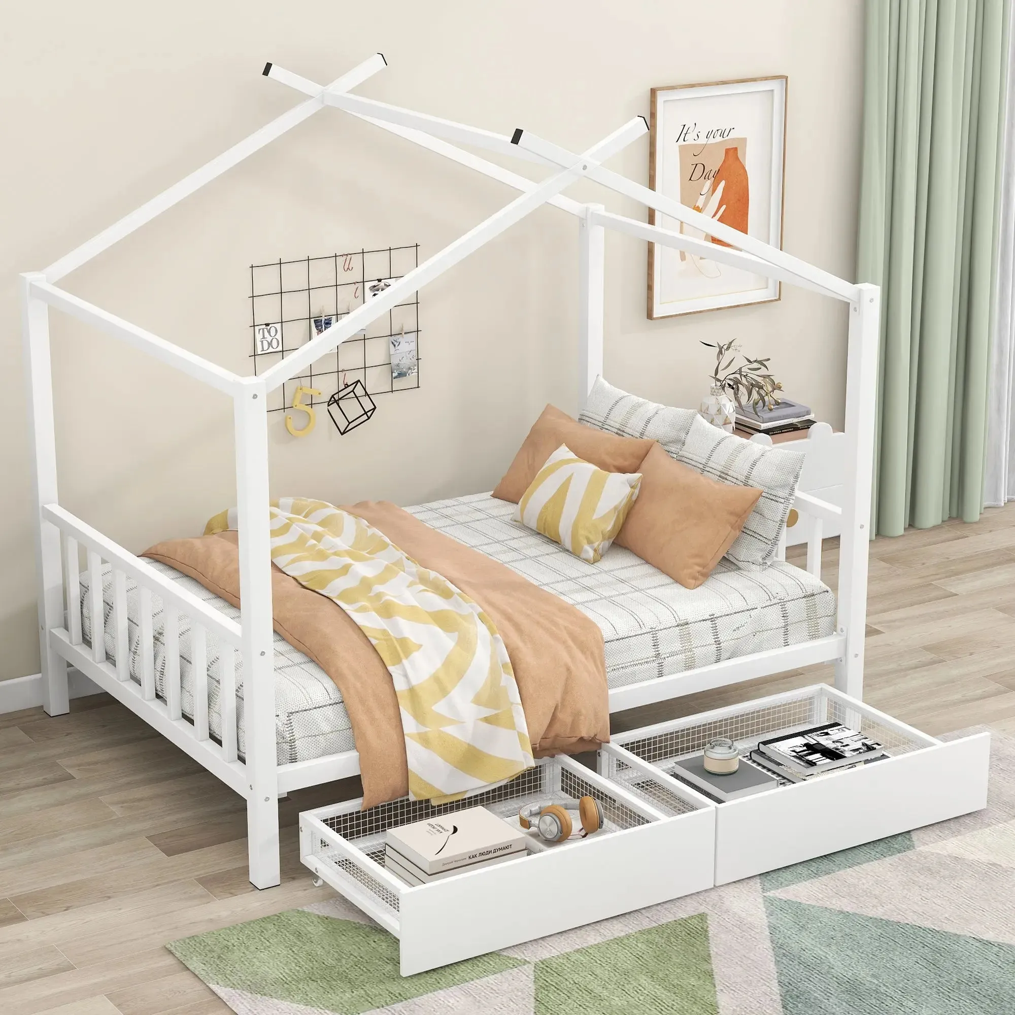 Bellemave® Full Size Metal House Bed with Two Drawers,Headboard and Footboard,Roof Design