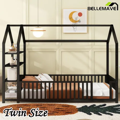 Bellemave® Metal House Bed with Fence and Detachable Storage Shelves