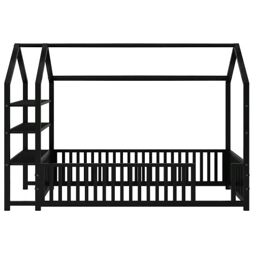 Bellemave® Metal House Bed with Fence and Detachable Storage Shelves