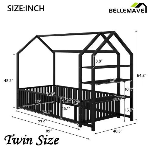 Bellemave® Metal House Bed with Fence and Detachable Storage Shelves