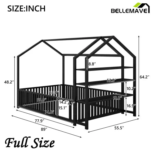 Bellemave® Metal House Bed with Fence and Detachable Storage Shelves