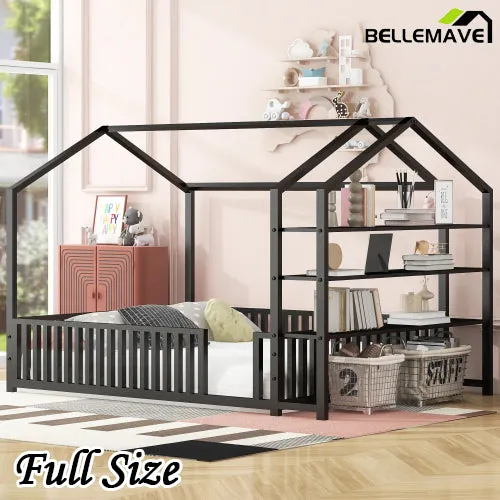 Bellemave® Metal House Bed with Fence and Detachable Storage Shelves