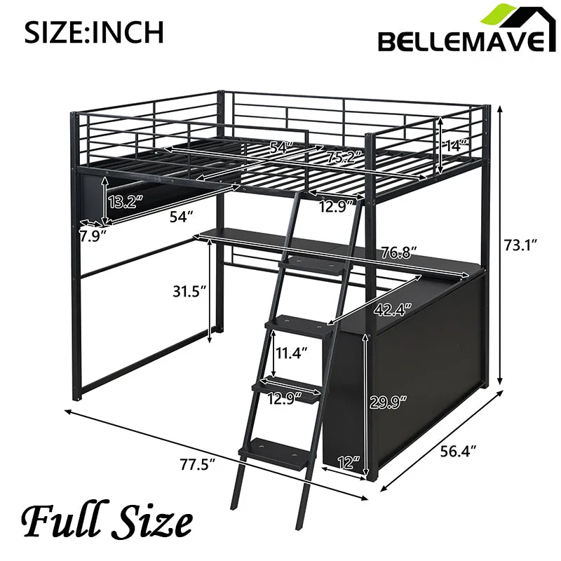 Bellemave® Metal Loft Bed with LED, Desk and 4 Storage Shelves