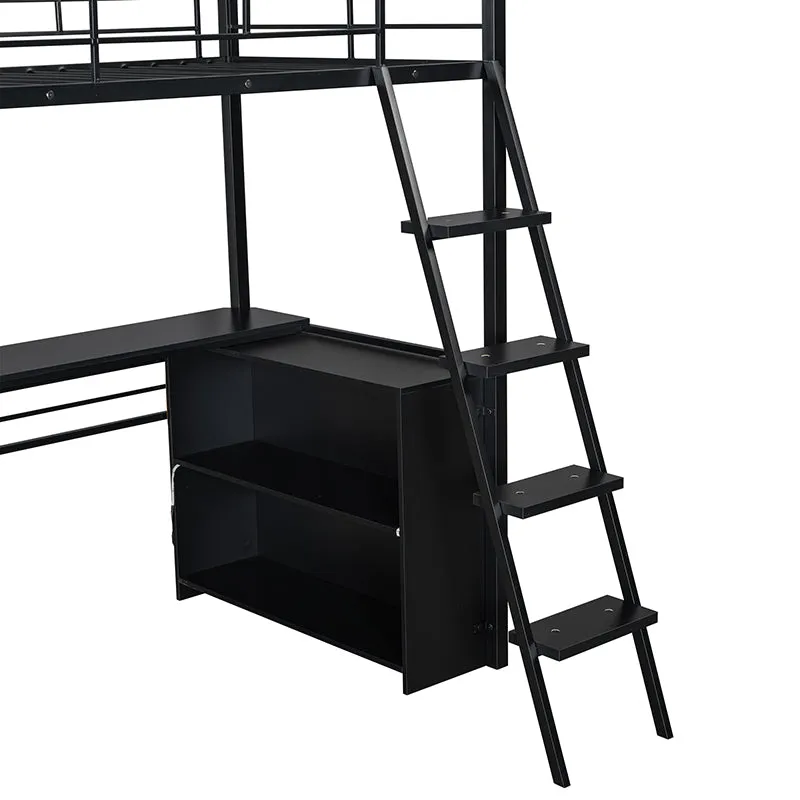 Bellemave® Metal Loft Bed with LED, Desk and 4 Storage Shelves