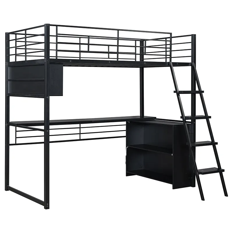 Bellemave® Metal Loft Bed with LED, Desk and 4 Storage Shelves