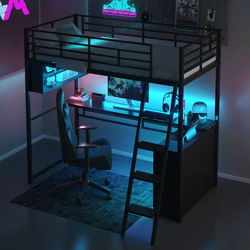 Bellemave® Metal Loft Bed with LED, Desk and 4 Storage Shelves