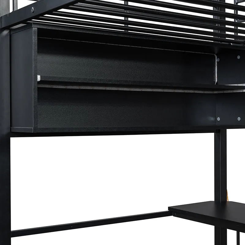 Bellemave® Metal Loft Bed with LED, Desk and 4 Storage Shelves