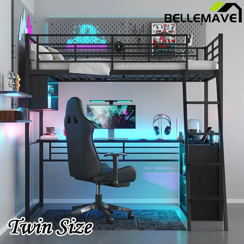 Bellemave® Metal Loft Bed with LED, Desk and 4 Storage Shelves