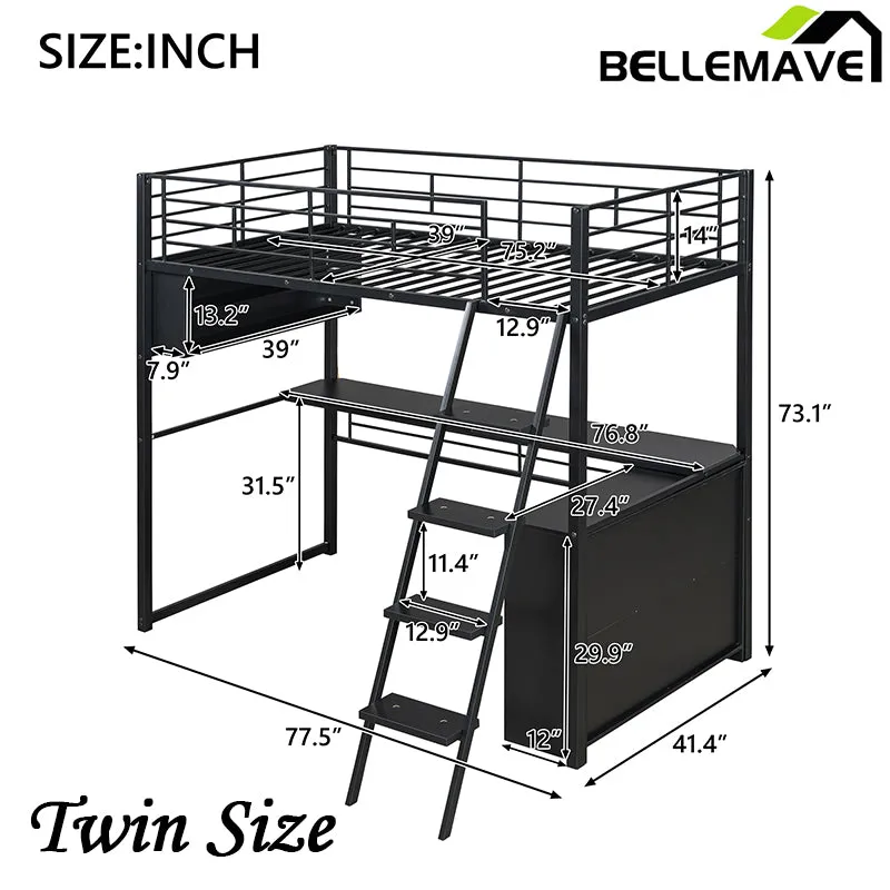 Bellemave® Metal Loft Bed with LED, Desk and 4 Storage Shelves