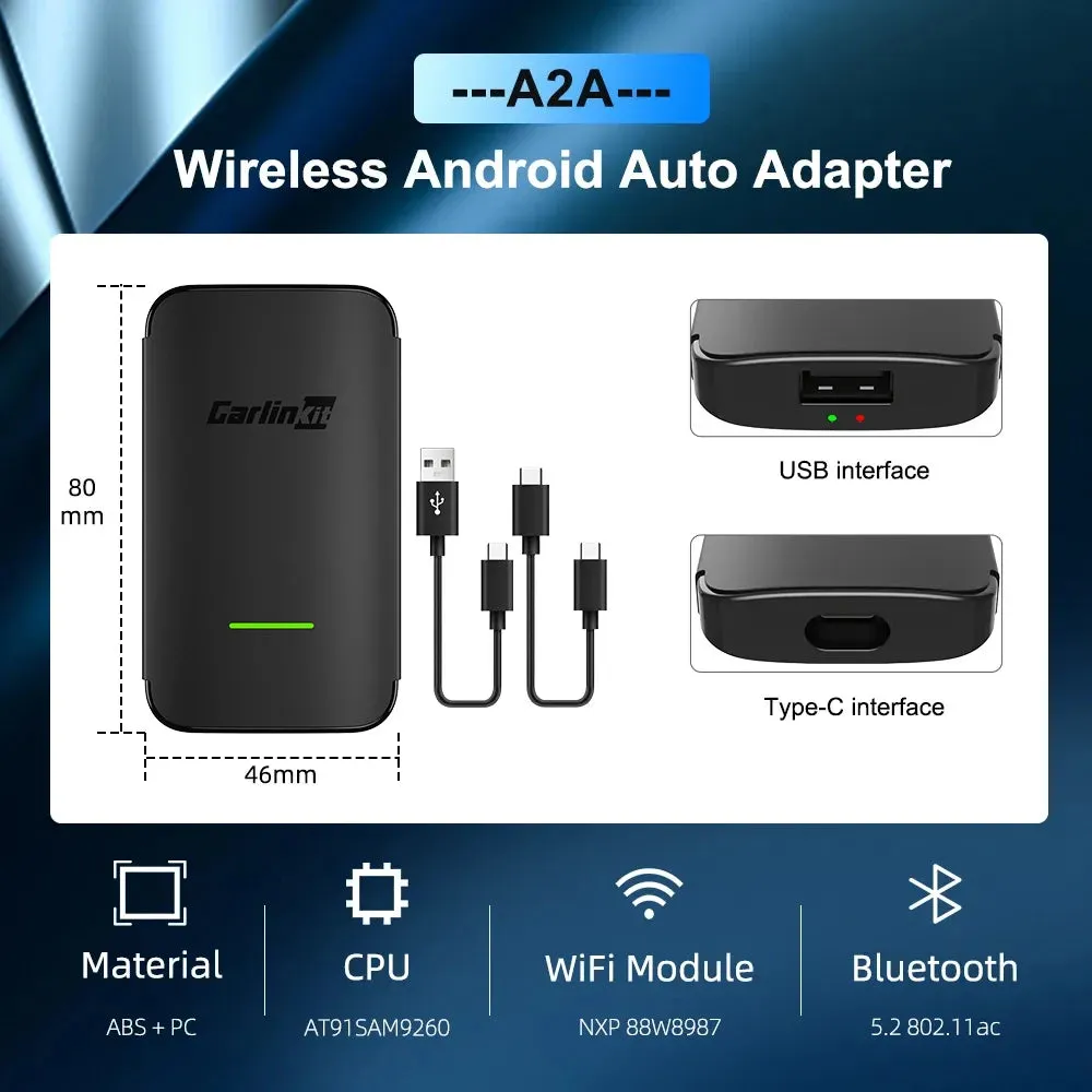 CarlinKit A2A Android Auto Wireless Adapter Dongle Android Ai Box Waze Spotify For 98% Car Auto Connect Music Map Bluetooth 5.0