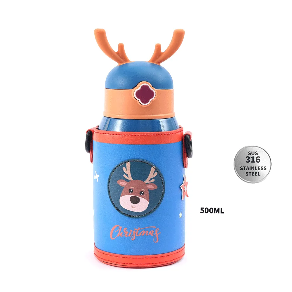 Reindeer Horns printed sipper Stainless Steel 2in1 Water Bottle.(350mL, 500mL)